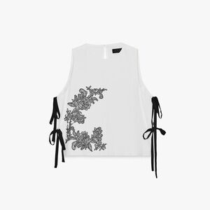 ZARA NWT floral embroidered tie top White Sleeveless Top w Black Floral Design